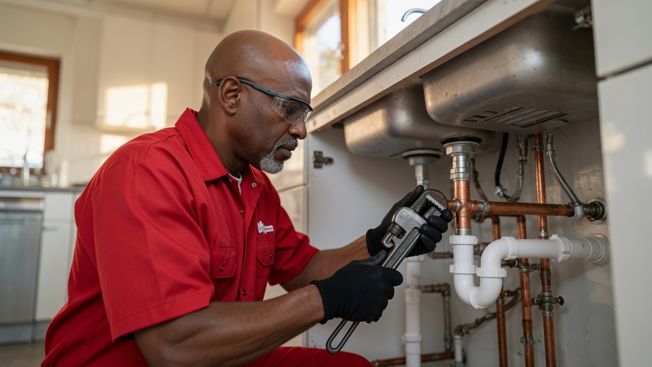 Plumber working next to water heater using Pilot dispatch interface on phone